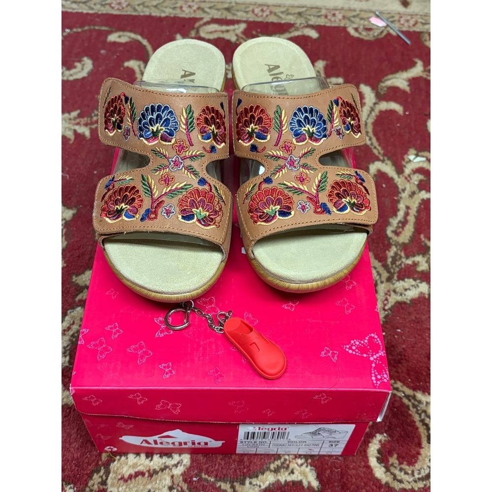 Alegria Linn Cognac Needles and Pins Floral Embroidered Wedge Sandals Size 37